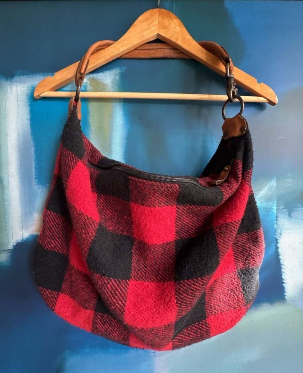Davey's Red Black Buffalo Plaid Wool Leather Hobo Shoulder Bag